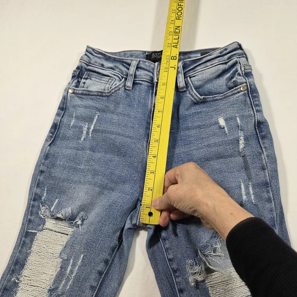 Judy Blue Medium Blue Flare Jeans with Distressed Details - Picture 7 of 13
